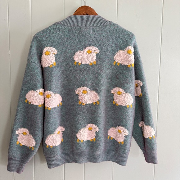 Aelfric Eden Vintage Lamb Knit Cardigan Sweater Flocked Sheep Cottagecore L - Picture 3 of 9
